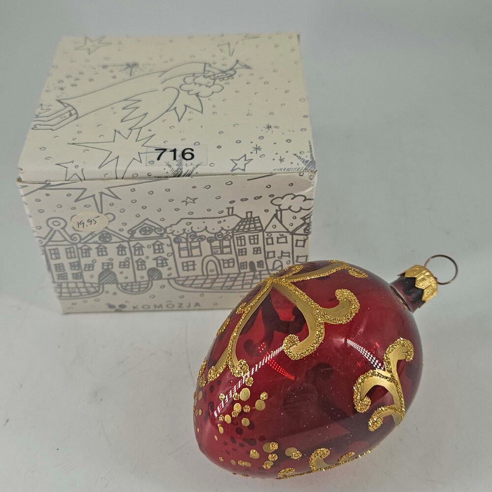 Vintage KOMOZJA Poland blown glass red gold ornate egg Christmas Ornament